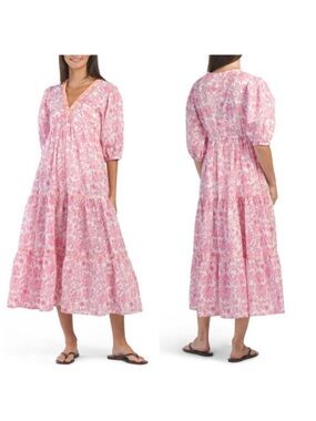 Debbie Katz South Beach Pilar Dress S White Pink Floral Print Cotton